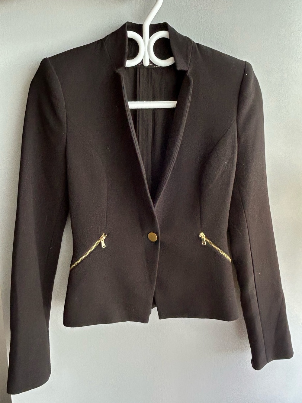 Zara Black Tailored Blazer with Gold Zipper Accents